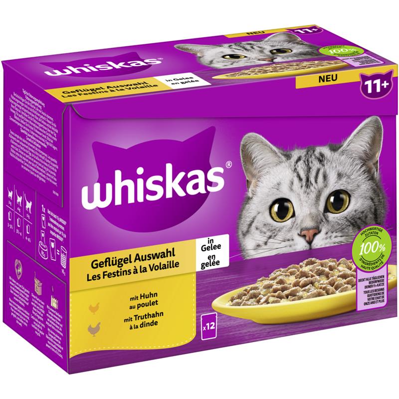 Whiskas Portionsbeutel Multipack 11+ Geflügel Auswahl in Gelee 12 x 85g