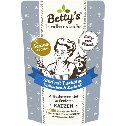 Bettys Landhausküche Katze FB Senior Rind, Truthahn mit Möhrchen & Lachsöl 100 g