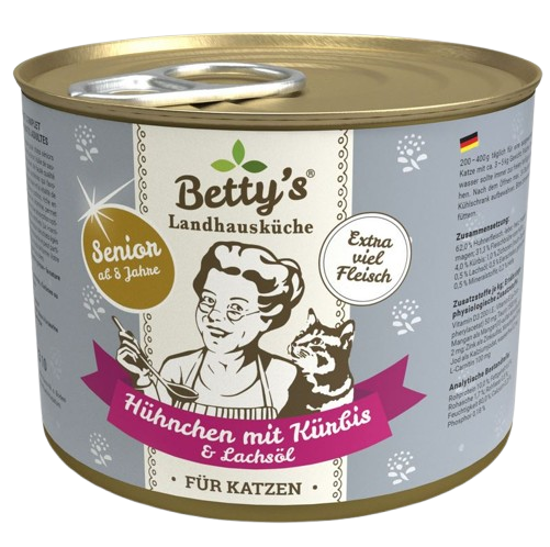 Bettys Landhausküche Katze Dose Senior Hühnchen mit Kürbis & Lachsöl 200 g