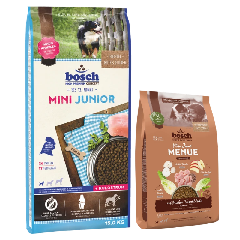 bosch HPC Mini Junior 15 kg + GRATIS bosch HPC MENUE Mini Junior Tierwohl-Huhn 1 kg