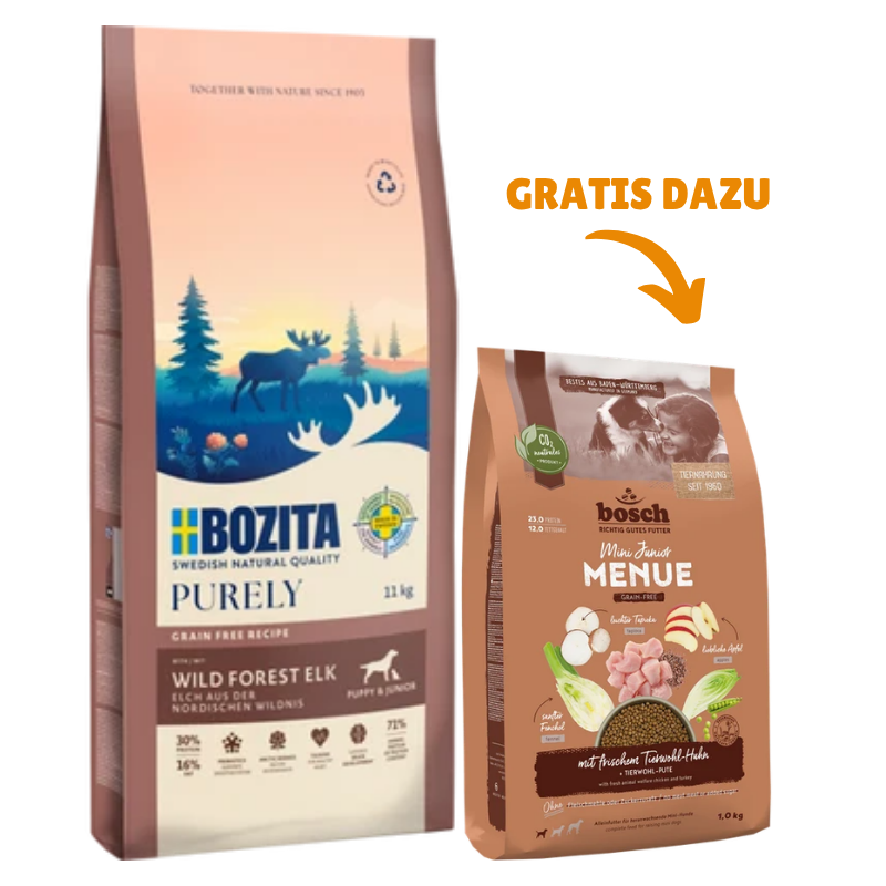 Bozita Dog Purely Puppy & Junior Small Elch 11 kg + GRATIS bosch HPC MENUE Mini Junior Tierwohl-Huhn 1 kg