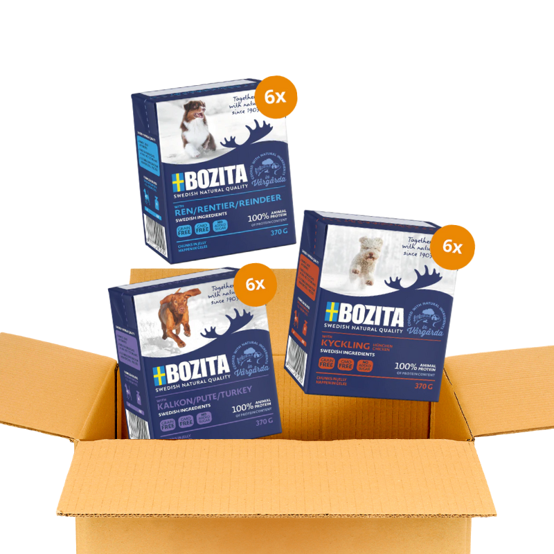 Bozita Happen 18 x 370 g – Probiermix in Gelee: Pute, Rentier & Hühnchen