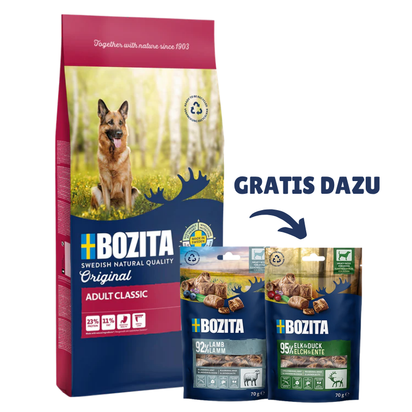 Bozita Original Adult Classic 12 kg & 2 x GRATIS Bozita Snacks (Elch, Lamm)