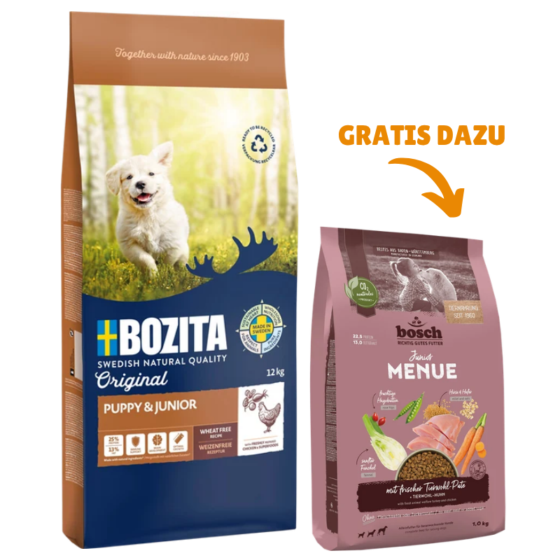 Bozita Original Puppy & Junior 12 kg + GRATIS bosch HPC MENUE Junior Tierwohl-Pute 1 kg