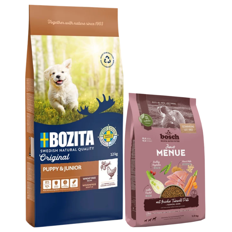 Bozita Original Puppy & Junior 12 kg + GRATIS bosch HPC MENUE Junior Tierwohl-Pute 1 kg