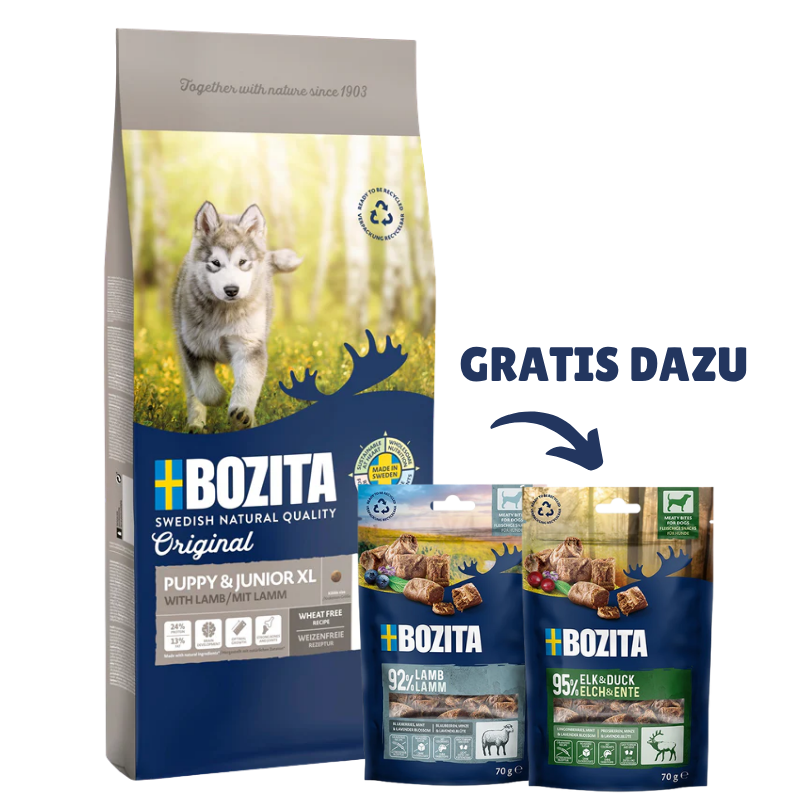 Bozita Original Puppy & Junior Lamb XL 12 kg & 2 x GRATIS Bozita Snacks (Elch, Lamm)