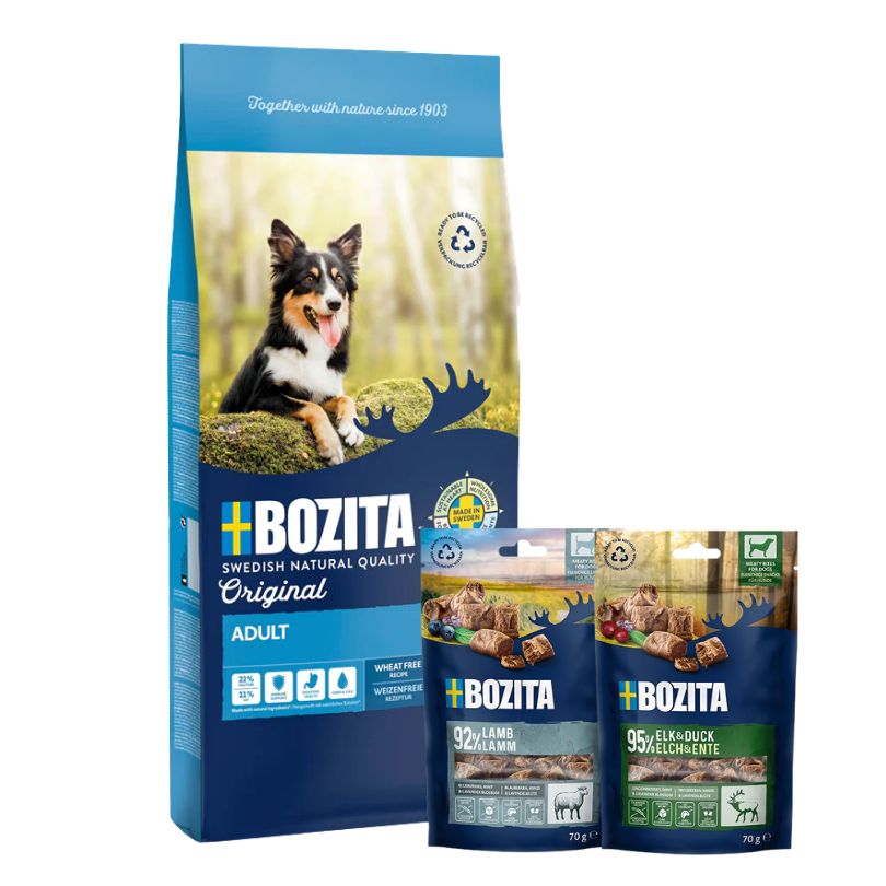 Bozita Original 12 kg & 2 x GRATIS Bozita Snacks (Elch, Lamm)