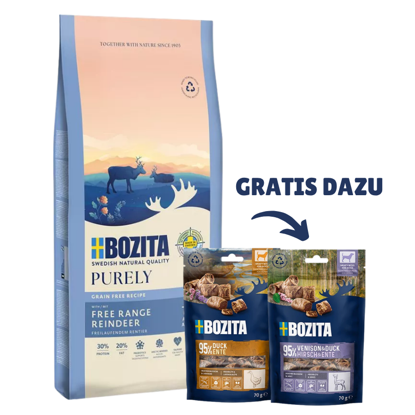 Bozita Dog Purely Adult Active mit Rentier 11 kg & 2 x GRATIS Bozita Snacks (Ente, Hirsch)