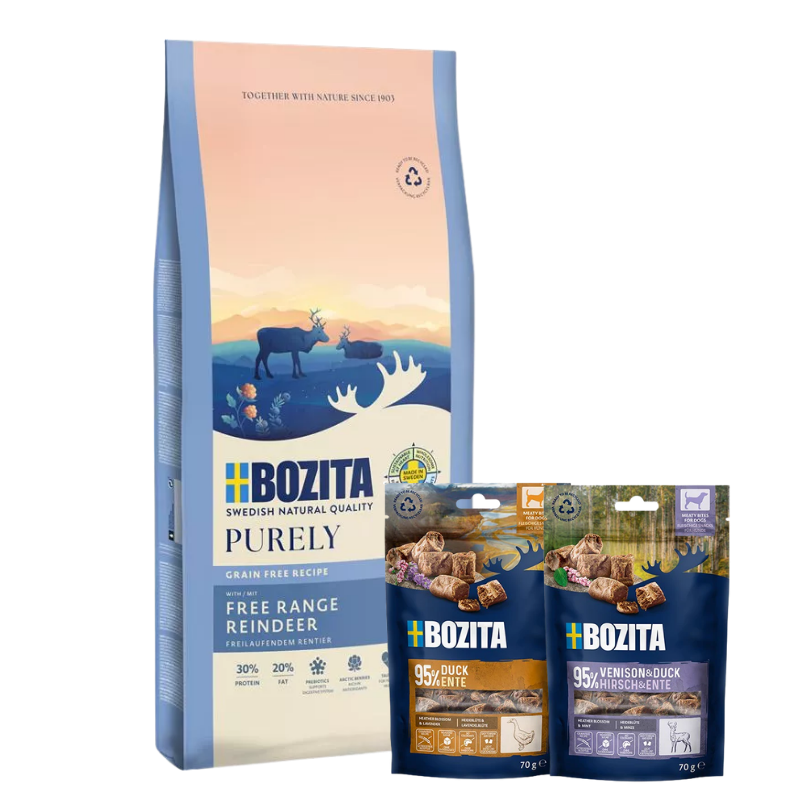 Bozita Dog Purely Adult Active mit Rentier 11 kg & 2 x GRATIS Bozita Snacks (Ente, Hirsch)