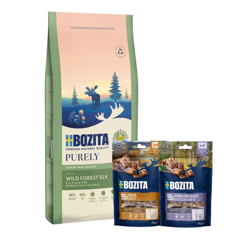 Bozita Dog Purely Adult mit Elch 11 kg & 2 x GRATIS Bozita Snacks (Ente, Hirsch)