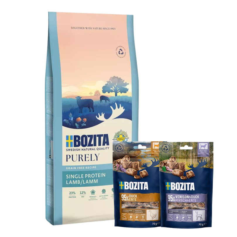 Bozita Dog Purely Adult Lamm 11 kg & 2 x GRATIS Bozita Snacks (Ente, Hirsch)