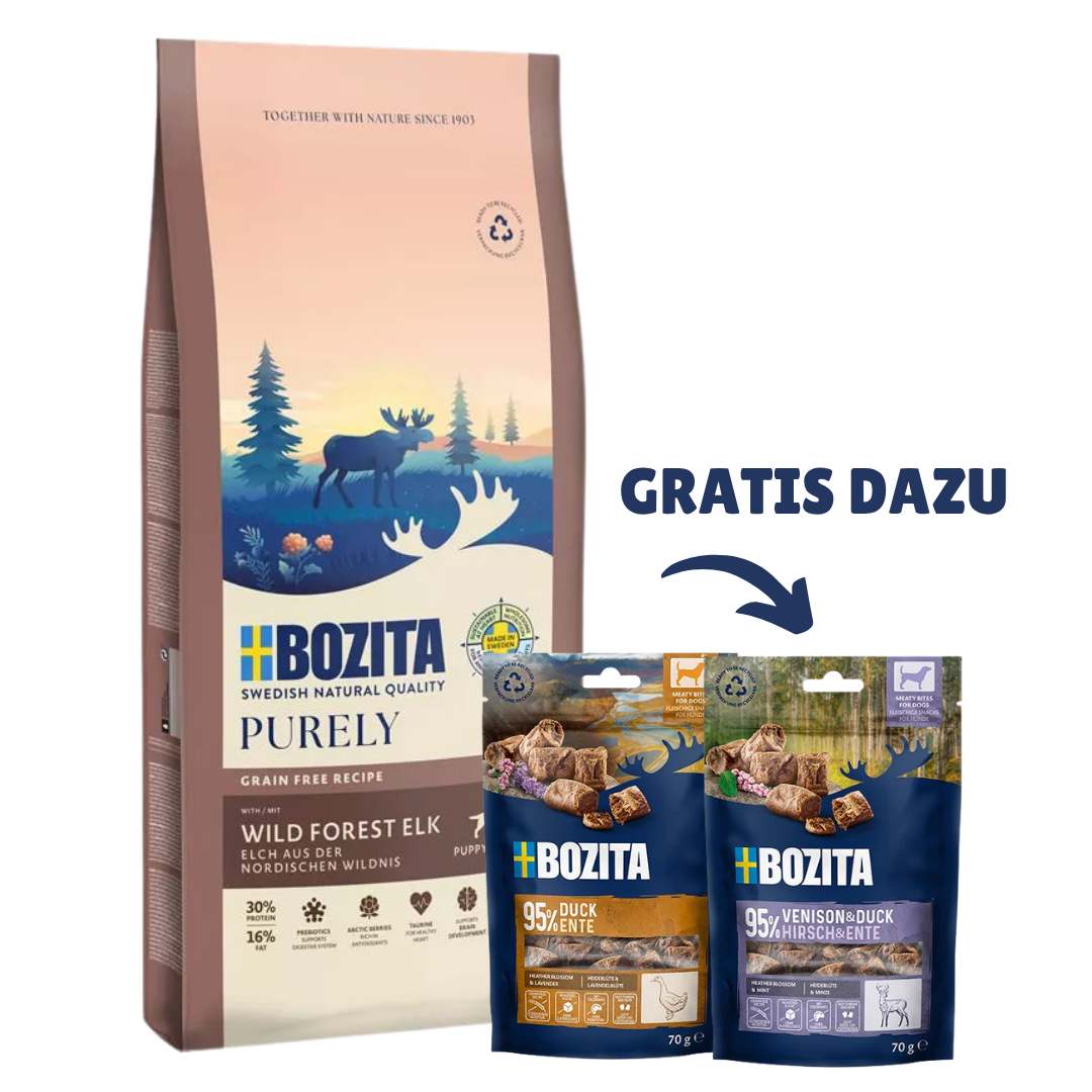 Bozita Dog Purely Puppy & Junior Small Elch 11 kg & 2x GRATIS Bozita Snacks (Ente, Hirsch)