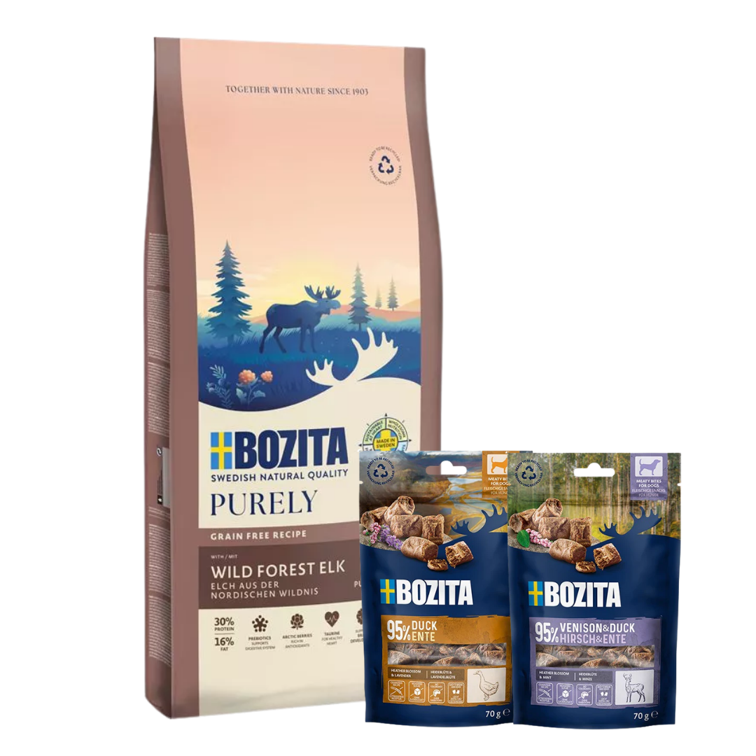 Bozita Dog Purely Puppy & Junior Small Elch 11 kg & 2x GRATIS Bozita Snacks (Ente, Hirsch)