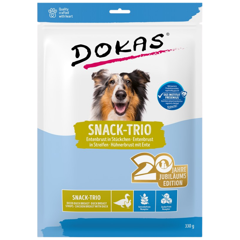 Dokas Dog Snack-Trio: Entenbrust in Stückchen, in Streifen & Hühnerbrust mit Ente 330 g