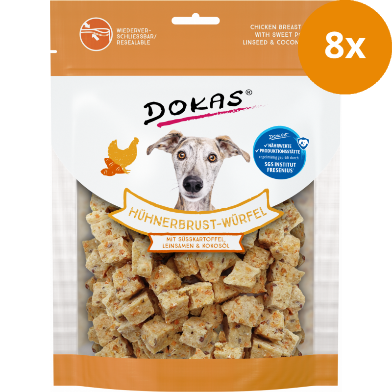 DOKAS Hühnerbrust-Würfel Süßkartoffel, Leinsamen & Kokosöl 150 g | Hundesnack