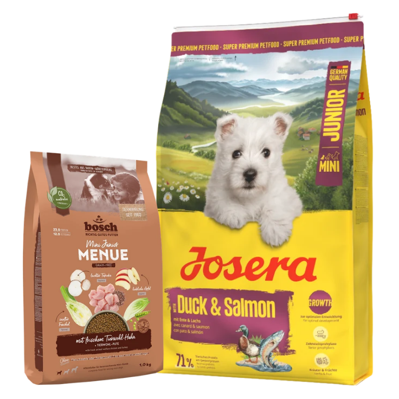 Josera Ente & Lachs Mini Junior 10 kg + GRATIS bosch HPC MENUE Mini Junior Tierwohl-Huhn 1 kg