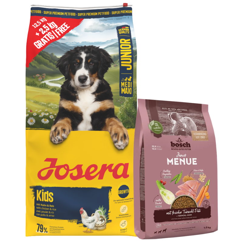 Josera Kids 15 kg + GRATIS bosch HPC MENUE Junior Tierwohl-Pute 1 kg