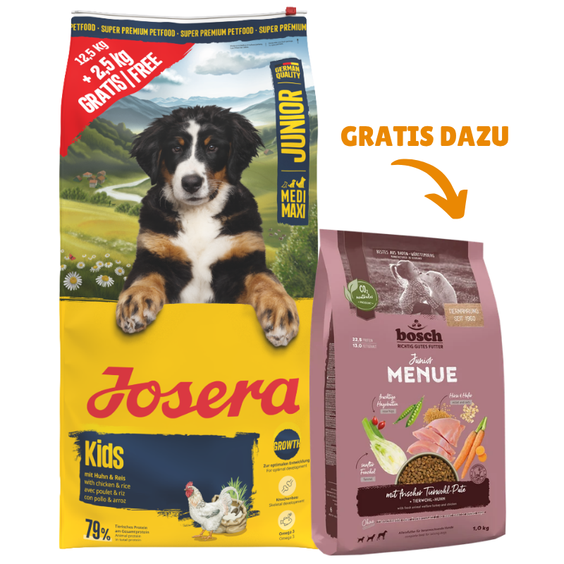 Josera Kids 15 kg + GRATIS bosch HPC MENUE Junior Tierwohl-Pute 1 kg
