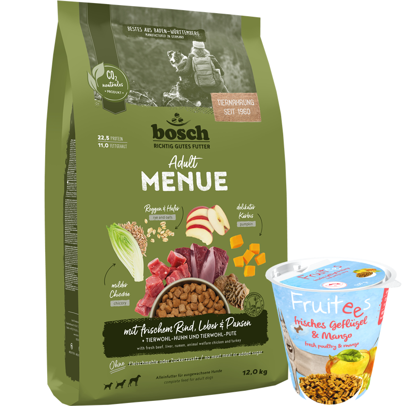 Kombipaket bosch HPC MENUE Adult Rind + bosch Fruitees frisches Geflügel & Mango
