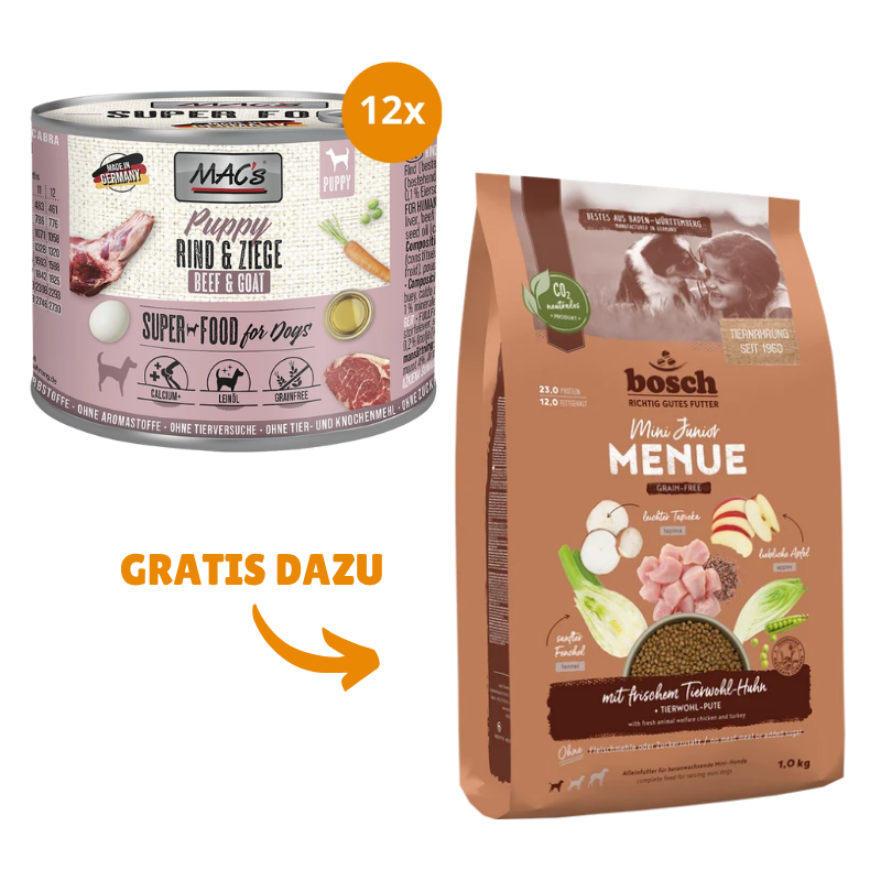 MAC's Dog Feinschmecker Puppy 12 x 200 g + GRATIS bosch HPC MENUE Mini Junior Tierwohl-Huhn 1 kg