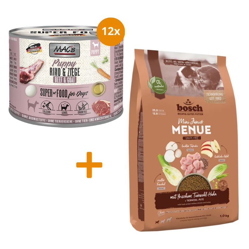 MAC's Dog Feinschmecker Puppy 12 x 200 g + GRATIS bosch HPC MENUE Mini Junior Tierwohl-Huhn 1 kg