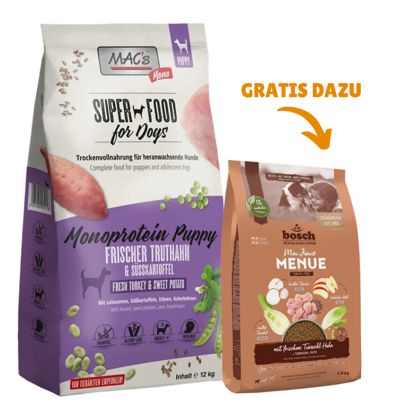 MAC's Dog Monoprotein Puppy 12 kg + GRATIS bosch HPC MENUE Mini Junior Tierwohl-Huhn 1 kg