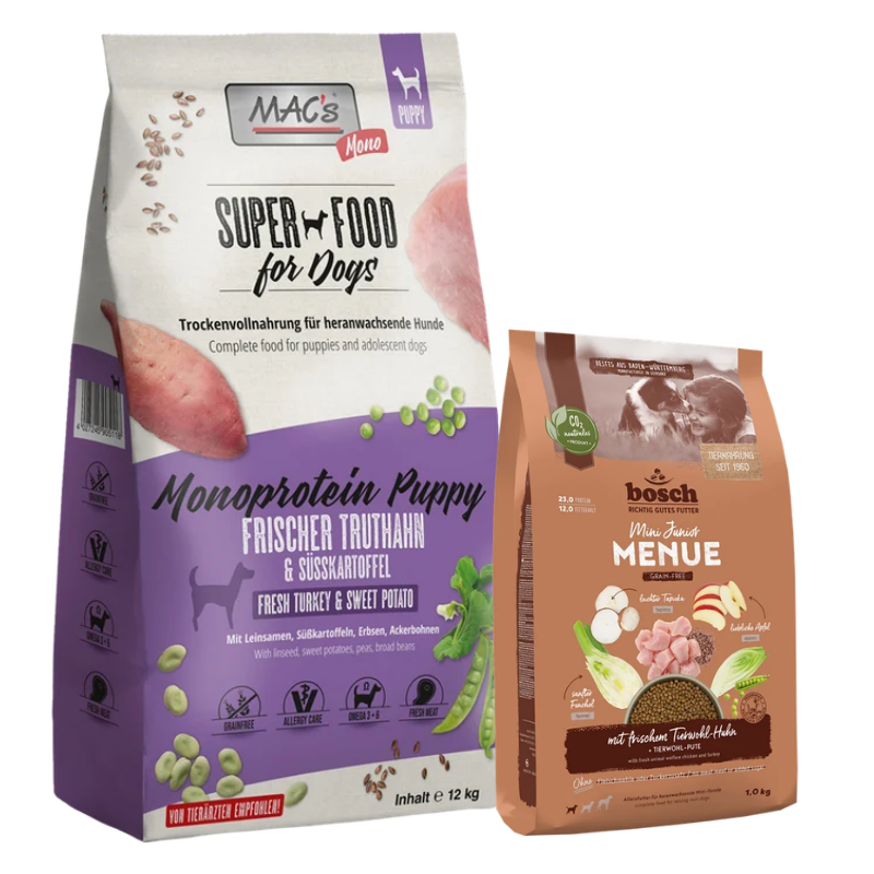MAC's Dog Monoprotein Puppy 12 kg + GRATIS bosch HPC MENUE Mini Junior Tierwohl-Huhn 1 kg