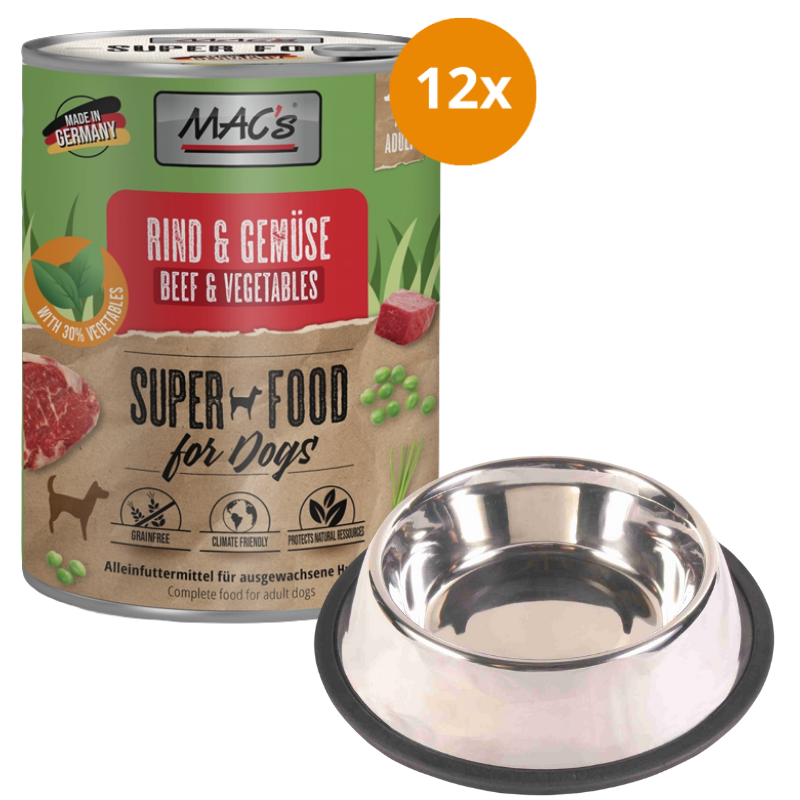 MAC's Dog Rind & Gemüse 12 x 800 g + GRATIS TRIXIE Napf