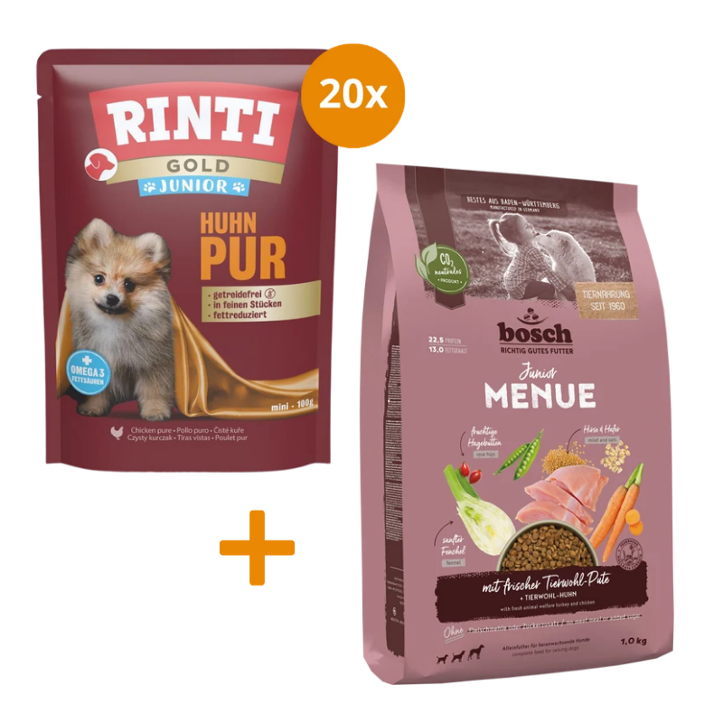 Rinti Gold PB Junior Huhn Pur 20 x 100 g + GRATIS bosch HPC MENUE Junior Tierwohl-Pute 1 kg
