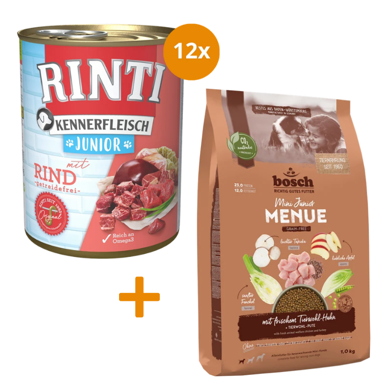 Rinti Kennerfleisch Junior Rind 12 x 800 g + GRATIS bosch HPC MENUE Mini Junior Tierwohl-Huhn 1 kg