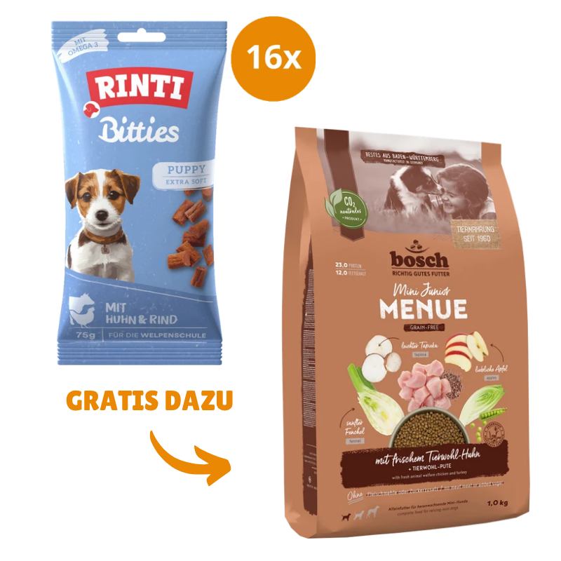 Rinti Puppy Bitties Huhn & Rind 16 x 75 g + GRATIS bosch HPC MENUE Mini Junior Tierwohl-Huhn 1 kg