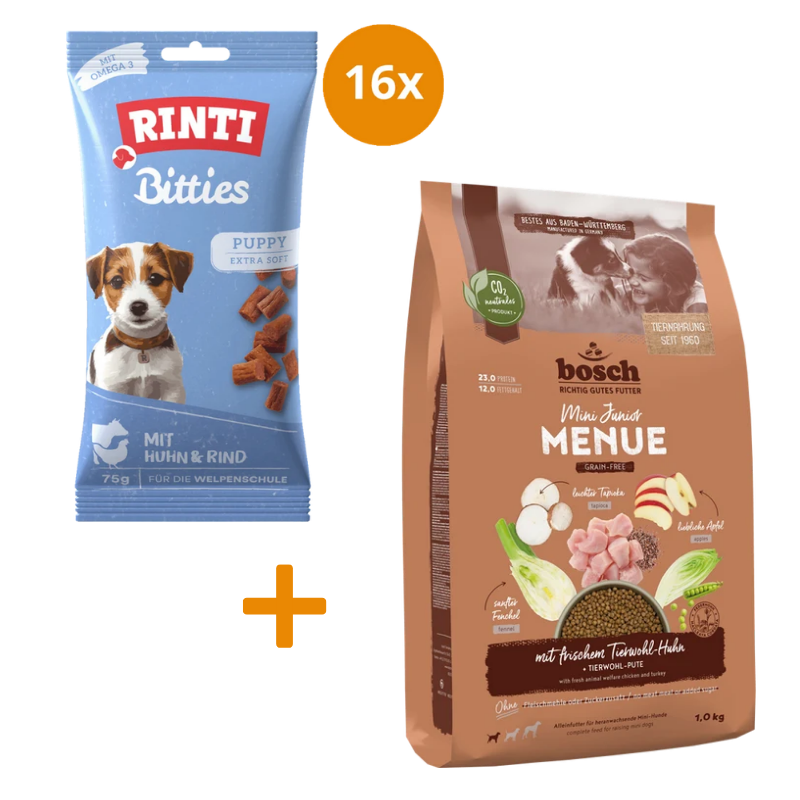 Rinti Puppy Bitties Huhn & Rind 16 x 75 g + GRATIS bosch HPC MENUE Mini Junior Tierwohl-Huhn 1 kg