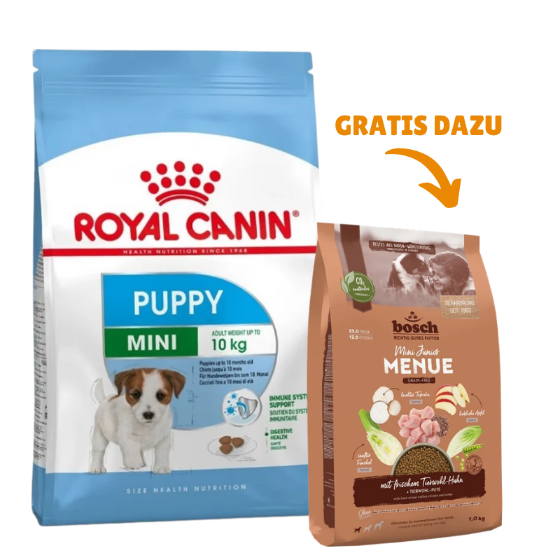 ROYAL CANIN Mini Puppy 8 kg + GRATIS bosch HPC MENUE Mini Junior Tierwohl-Huhn 1 kg
