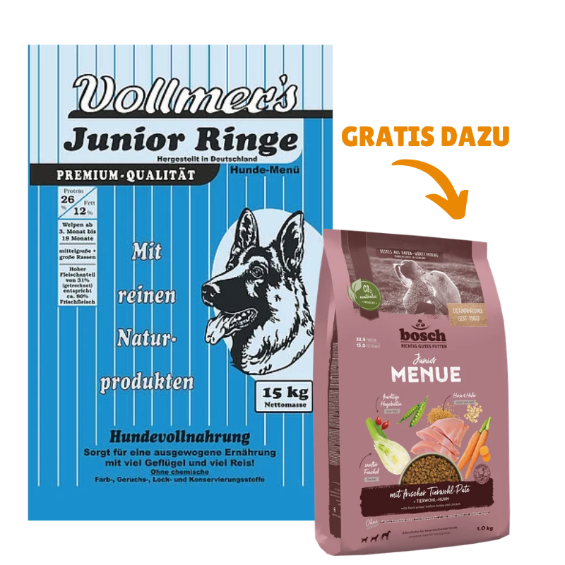 Vollmer's Junior Ringe 15 kg + GRATIS bosch HPC MENUE Junior Tierwohl-Pute 1 kg