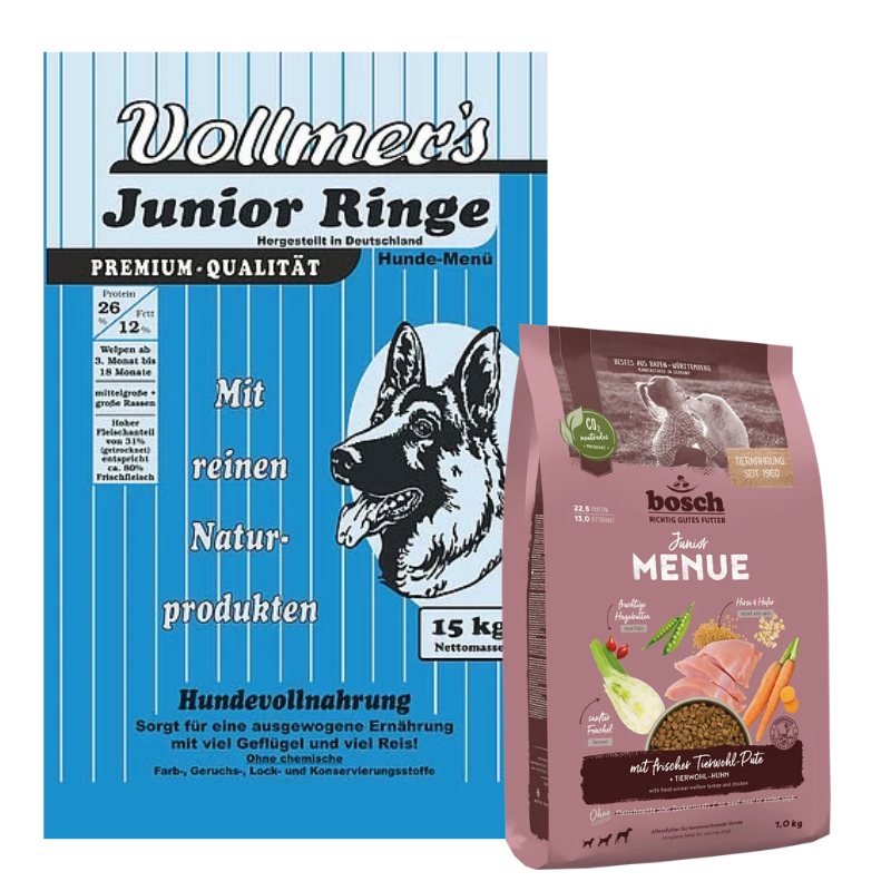 Vollmer's Junior Ringe 15 kg + GRATIS bosch HPC MENUE Junior Tierwohl-Pute 1 kg