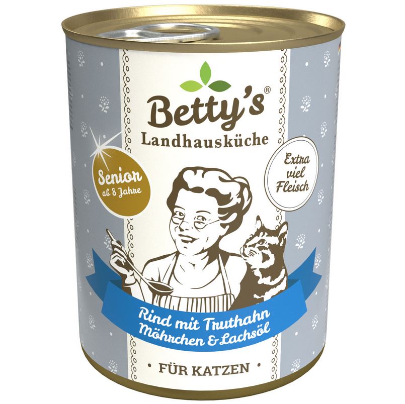 Bettys Landhausküche Katze Dose Senior Rind mit Truthahn, Möhrchen & Lachsöl 200g