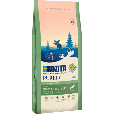Bozita Dog Purely Adult mit Elch 11 kg & 2 x GRATIS Bozita Snacks (Ente, Hirsch)