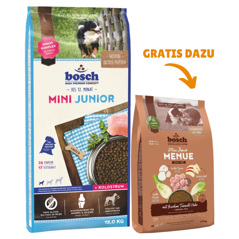 bosch HPC Mini Junior 15 kg + GRATIS bosch HPC MENUE Mini Junior Tierwohl-Huhn 1 kg
