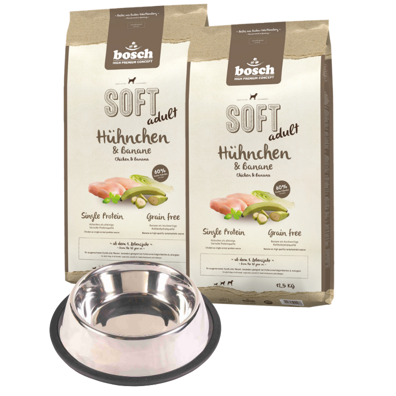 bosch HPC Soft Hühnchen & Banane 2 x 12,5 kg + GRATIS TRIXIE Napf