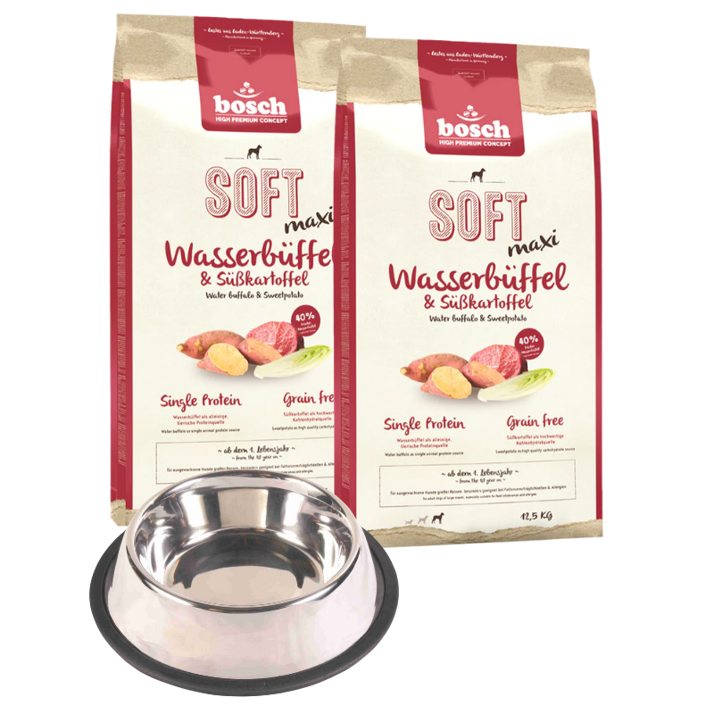 bosch HPC Soft Maxi Wasserbüffel & Süßkartoffel 2 x 12,5 kg + GRATIS TRIXIE Napf