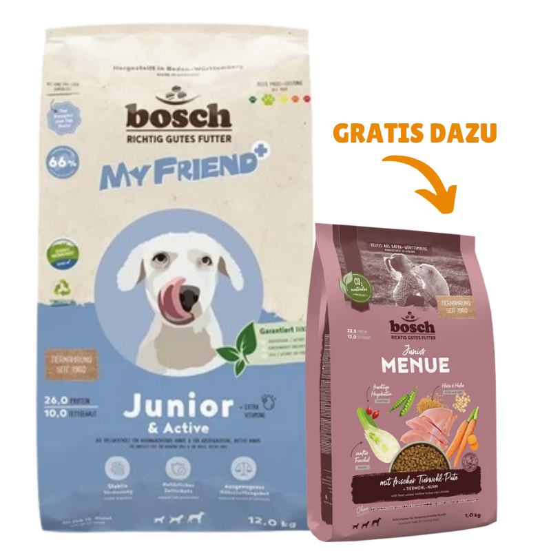 bosch My Friend+ Junior & Active 12 kg + GRATIS bosch HPC MENUE Junior Tierwohl-Pute 1 kg