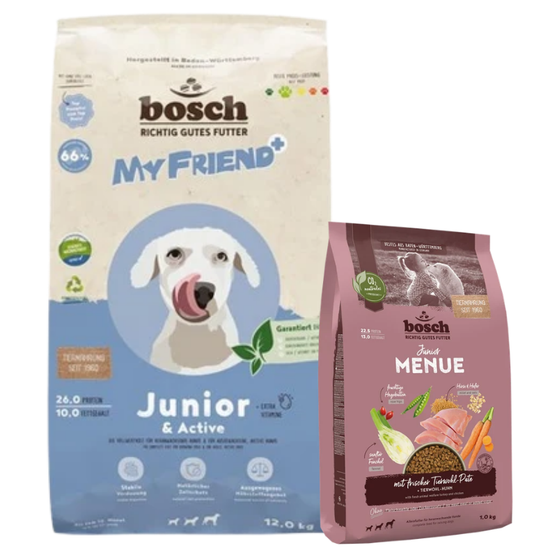 bosch My Friend+ Junior & Active 12 kg + GRATIS bosch HPC MENUE Junior Tierwohl-Pute 1 kg