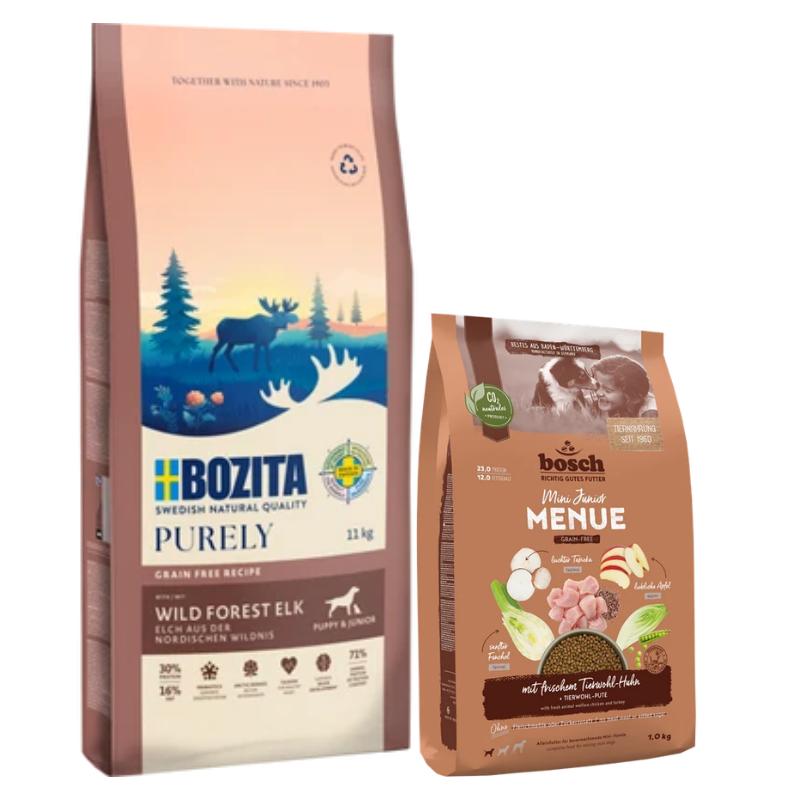 Bozita Dog Purely Puppy & Junior Small Elch 11 kg + GRATIS bosch HPC MENUE Mini Junior Tierwohl-Huhn 1 kg