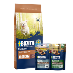 Bozita Original Puppy & Junior 12 kg & 2 x GRATIS Bozita Snacks (Elch, Lamm)