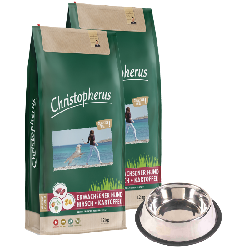 Christopherus Getreidefrei Hirsch & Kartoffel 2 x 12 kg + GRATIS TRIXIE Napf
