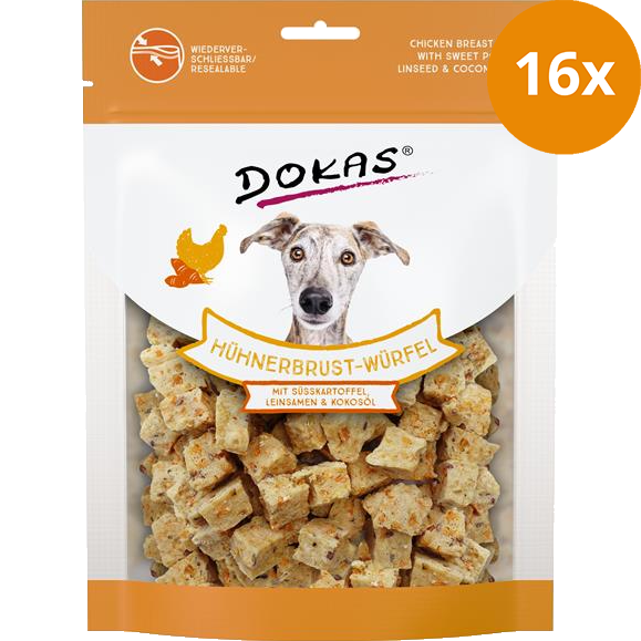 DOKAS Hühnerbrust-Würfel Süßkartoffel, Leinsamen & Kokosöl 150 g | Hundesnack