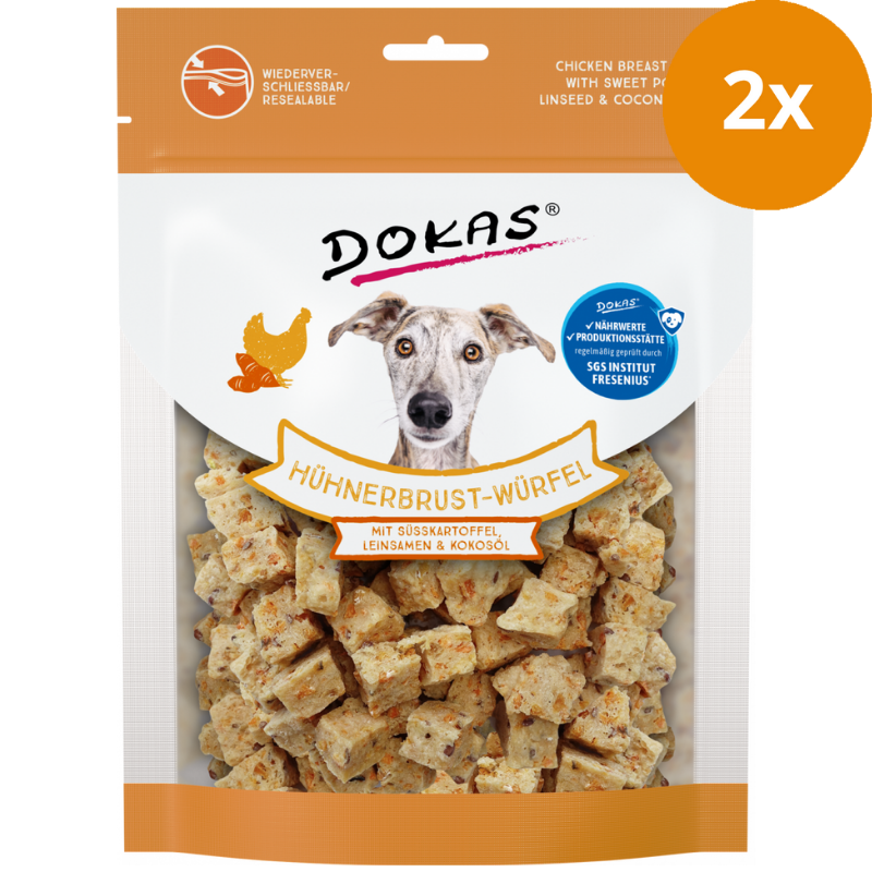 DOKAS Hühnerbrust-Würfel Süßkartoffel, Leinsamen & Kokosöl 150 g | Hundesnack