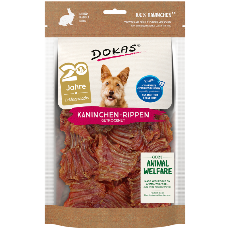 DOKAS Kaninchen Rippen getrocknet 100 g | Hundesnack