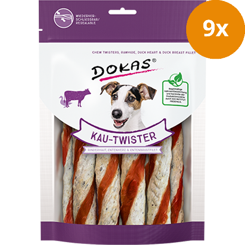 DOKAS Kau-Twister Rinderhaut, Entenherz & Entenbrust 200 g | Hundesnack