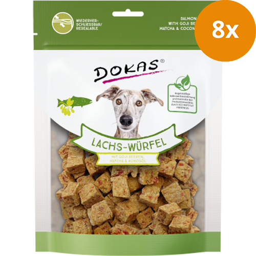 DOKAS Lachs-Würfel Gojibeeren, Matcha & Kokosöl 150 g | Hundesnack